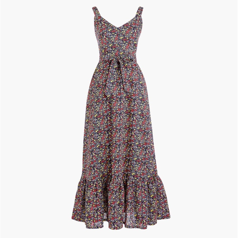 J.Crew Printed Tiered Maxi Dress In Linen Cotton Mitsy Ditsy Navy Poppy Size 8